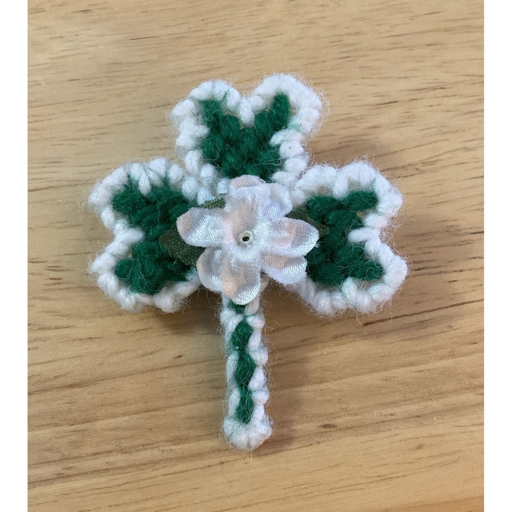 Vintage Hand Made St Patricks Day Clover Shamrock Cross Stitch Brooch Lapel Pin
